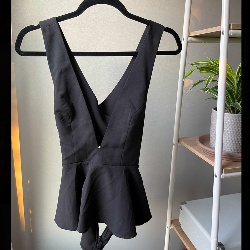 Black Deep-V Peplum Blouse